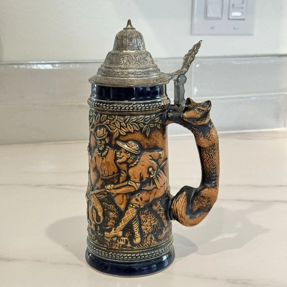 Vintage Original King 949 German Beer Stein Fox Handle Hunting Pewter Lid DBGM